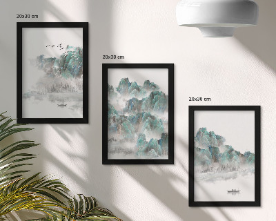 Framed triptych Mountains in the clouds with birds and a boat on the water japandi
