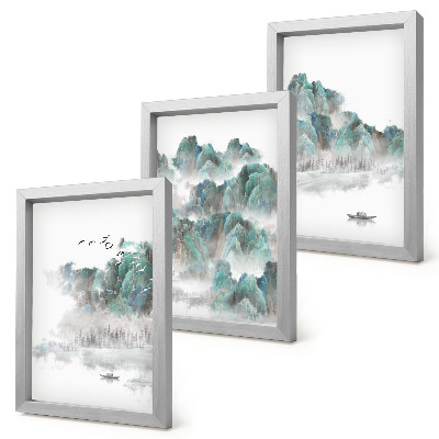 Framed triptych Mountains in the clouds with birds and a boat on the water japandi