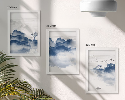 3-piece wall art set Cloud mountains with trees and birds in the background