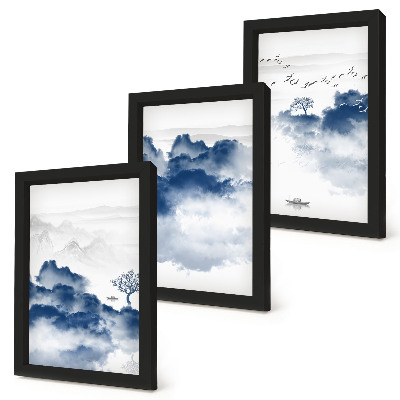 3-piece wall art set Cloud mountains with trees and birds in the background