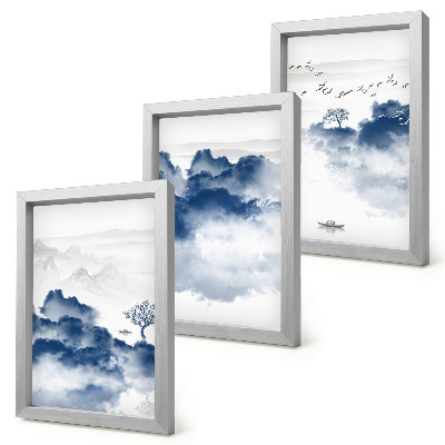 3-piece wall art set Cloud mountains with trees and birds in the background