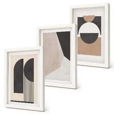 Photo frame wall with abstract shapes in shades of beige and brown
