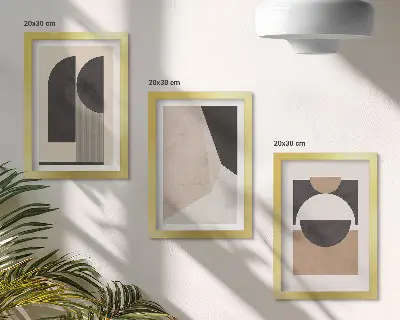 Photo frame wall with abstract shapes in shades of beige and brown