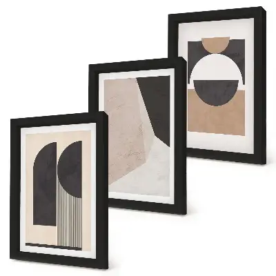 Photo frame wall with abstract shapes in shades of beige and brown
