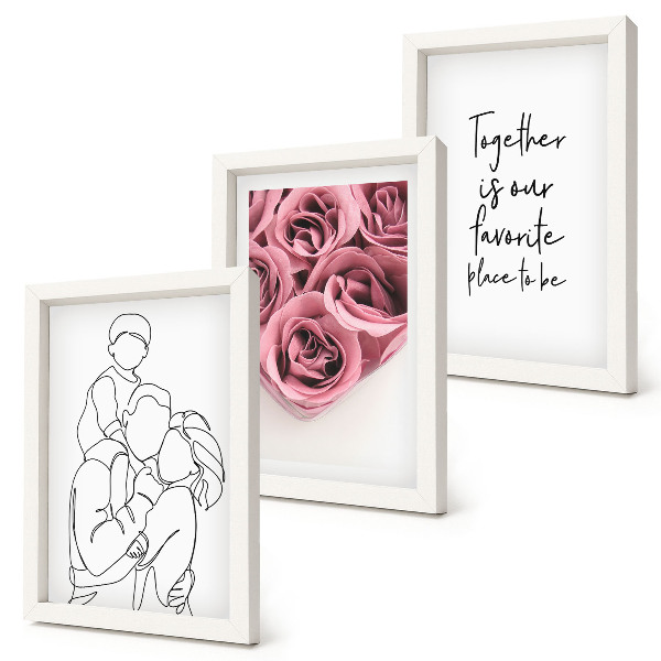 Framed triptych Family lineart rose bouquets inscription home
