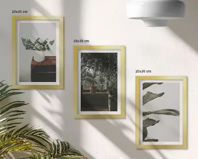 Potted plants with rustic leaves framed triptych
