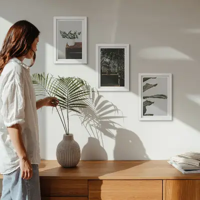 Potted plants with rustic leaves framed triptych