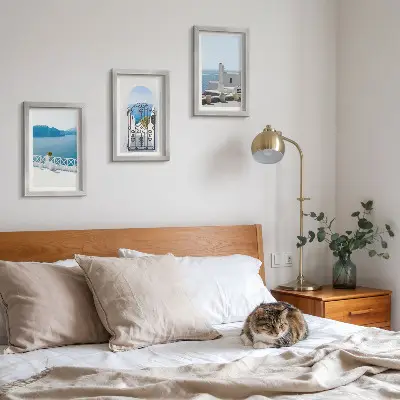 3-piece wall art set sea views with white buildings in Greece