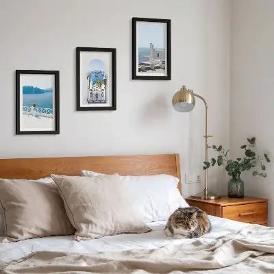 3-piece wall art set sea views with white buildings in Greece