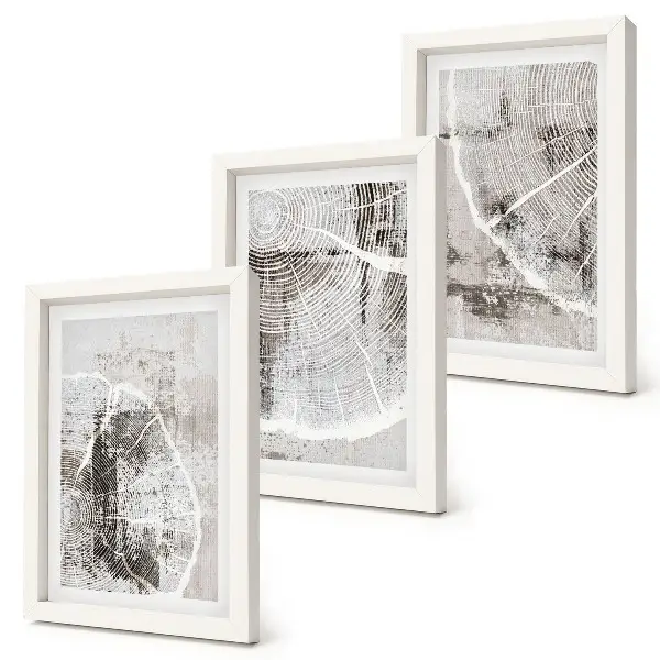 Photo frame wall with wood grain patterns in shades of gray and white