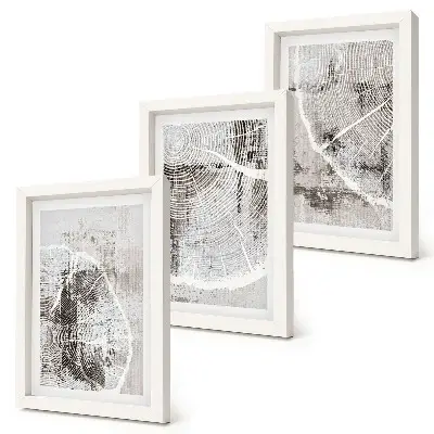 Photo frame wall with wood grain patterns in shades of gray and white
