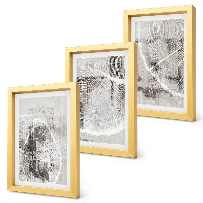 Photo frame wall with wood grain patterns in shades of gray and white