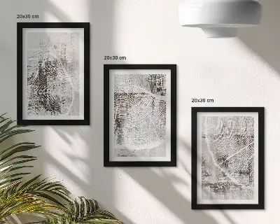Photo frame wall with wood grain patterns in shades of gray and white