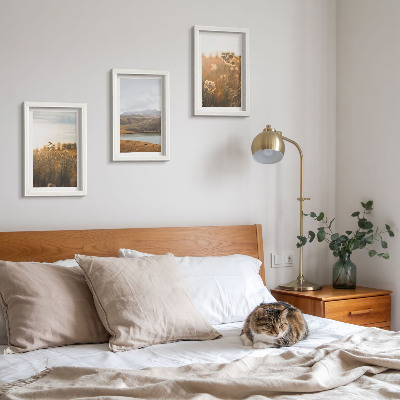Framed triptych Landscapes with meadows, mountains and a lake in the background