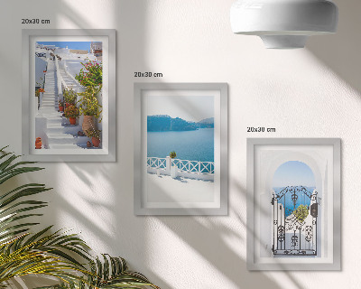 Framed triptych White stairs with plants, sea view and gate