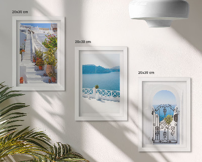 Framed triptych White stairs with plants, sea view and gate