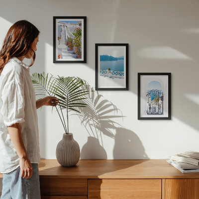 Framed triptych White stairs with plants, sea view and gate