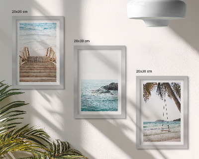 3-piece wall art set Stairs to the beach, sea view and palm tree swing