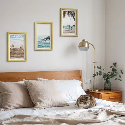 3-piece wall art set stairs to the beach with a sea view and palm tree swing