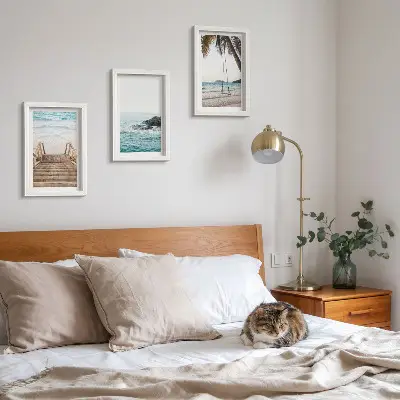 3-piece wall art set stairs to the beach with a sea view and palm tree swing