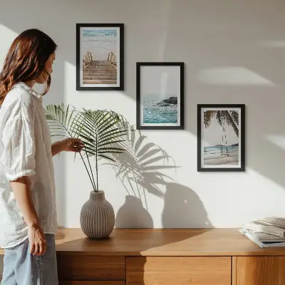 3-piece wall art set stairs to the beach with a sea view and palm tree swing