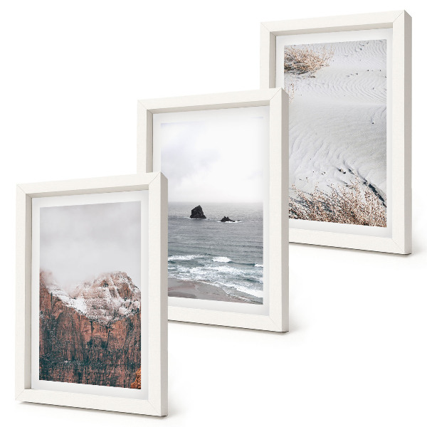 Framed triptych Mountains, clouds, sea and sand in natural shades