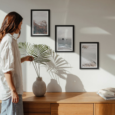 Framed triptych Mountains, clouds, sea and sand in natural shades