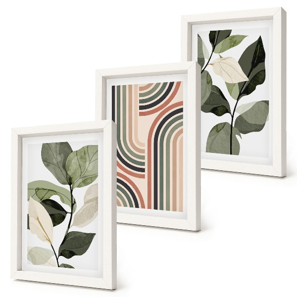 3-piece wall art set Plant motifs with geometric patterns in shades of green