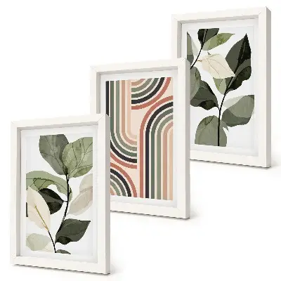 3-piece wall art set with plant motifs and geometric patterns in shades of green