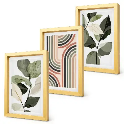 3-piece wall art set with plant motifs and geometric patterns in shades of green