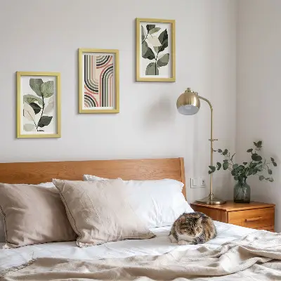 3-piece wall art set with plant motifs and geometric patterns in shades of green