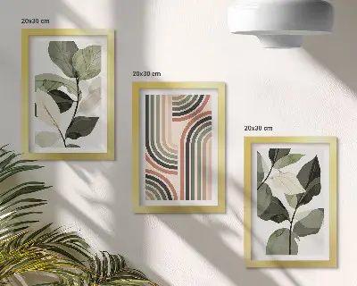 3-piece wall art set with plant motifs and geometric patterns in shades of green