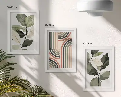 3-piece wall art set with plant motifs and geometric patterns in shades of green