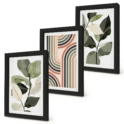 3-piece wall art set with plant motifs and geometric patterns in shades of green