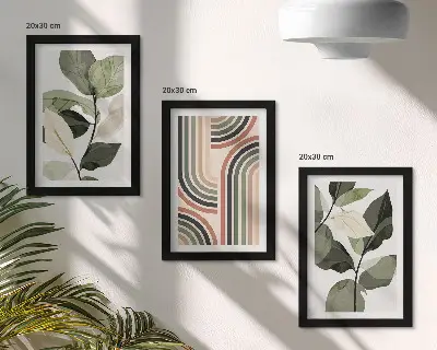 3-piece wall art set with plant motifs and geometric patterns in shades of green