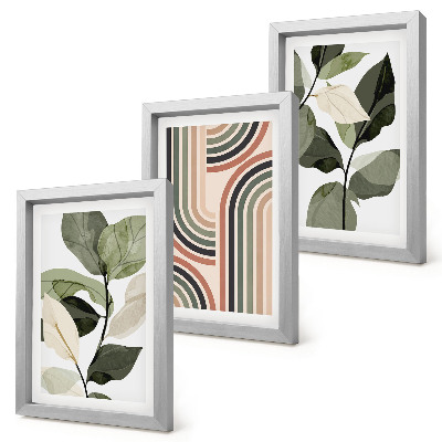 3-piece wall art set Plant motifs with geometric patterns in shades of green