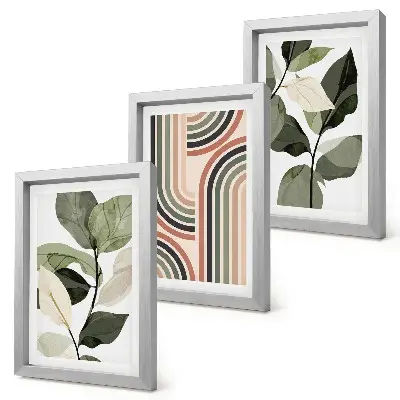 3-piece wall art set with plant motifs and geometric patterns in shades of green