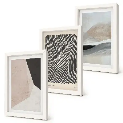 Photo frame wall with abstract patterns in shades of beige and gray
