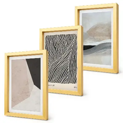 Photo frame wall with abstract patterns in shades of beige and gray