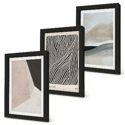Photo frame wall with abstract patterns in shades of beige and gray