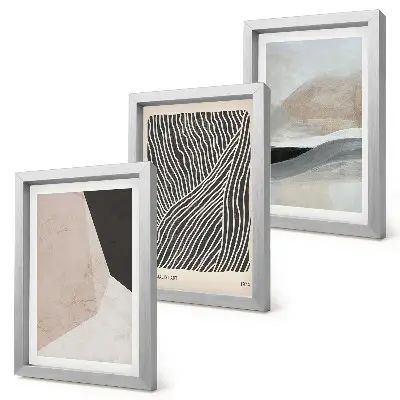 Photo frame wall with abstract patterns in shades of beige and gray