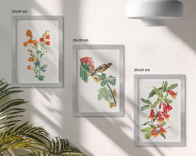 Framed triptych Painted retro flowers and a bird on a branch