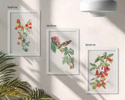 Framed triptych Painted retro flowers and a bird on a branch