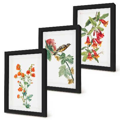 Framed triptych Painted retro flowers and a bird on a branch