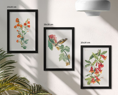 Framed triptych Painted retro flowers and a bird on a branch