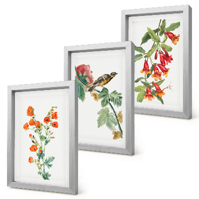 Framed triptych Painted retro flowers and a bird on a branch