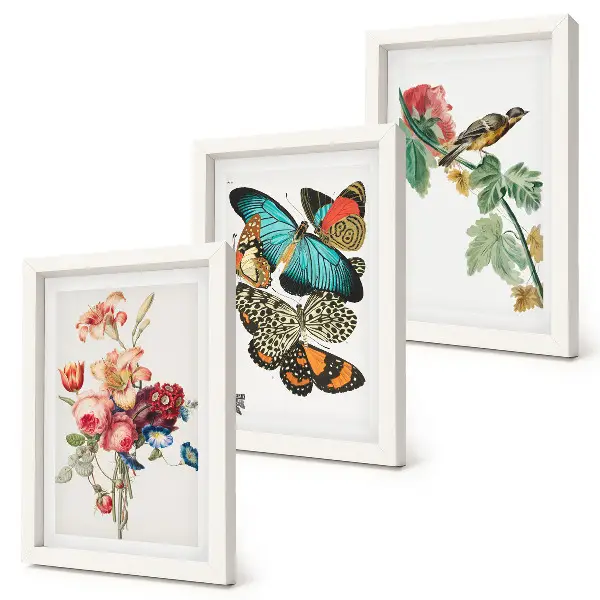 Flowers, butterflies and a bird in pastel shades framed triptych