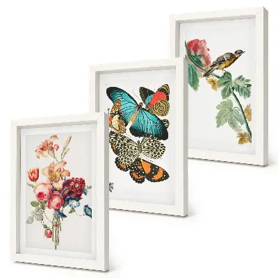 Flowers, butterflies and a bird in pastel shades framed triptych