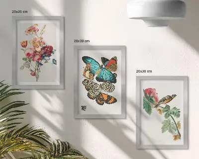 Flowers, butterflies and a bird in pastel shades framed triptych