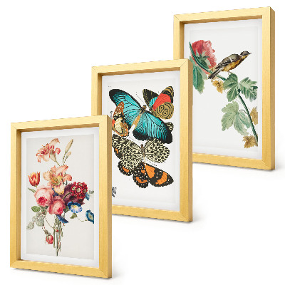Framed triptych Flowers, butterflies and a bird in pastel shades
